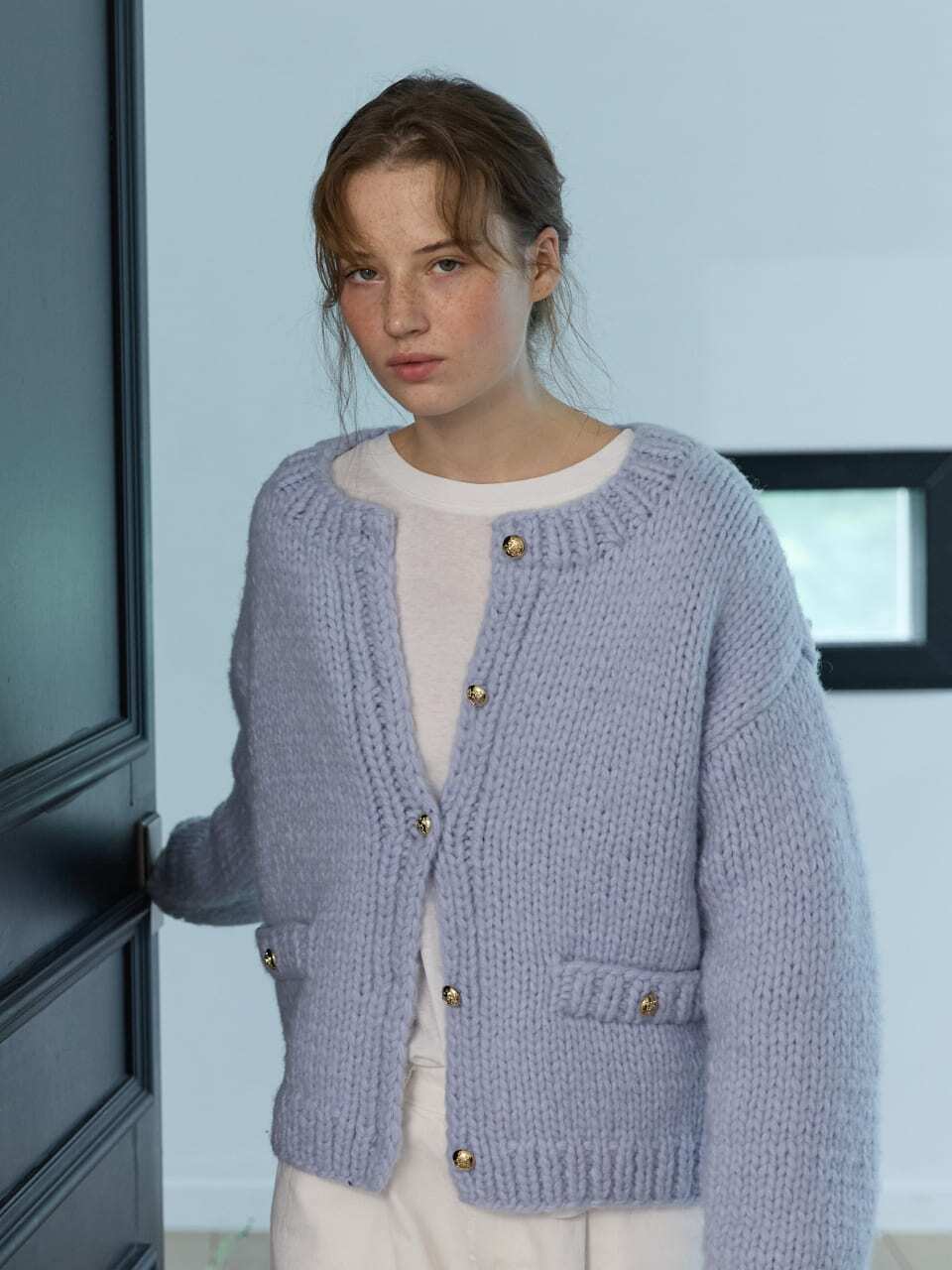 Gold Button Boucle Cardigan Light Blue