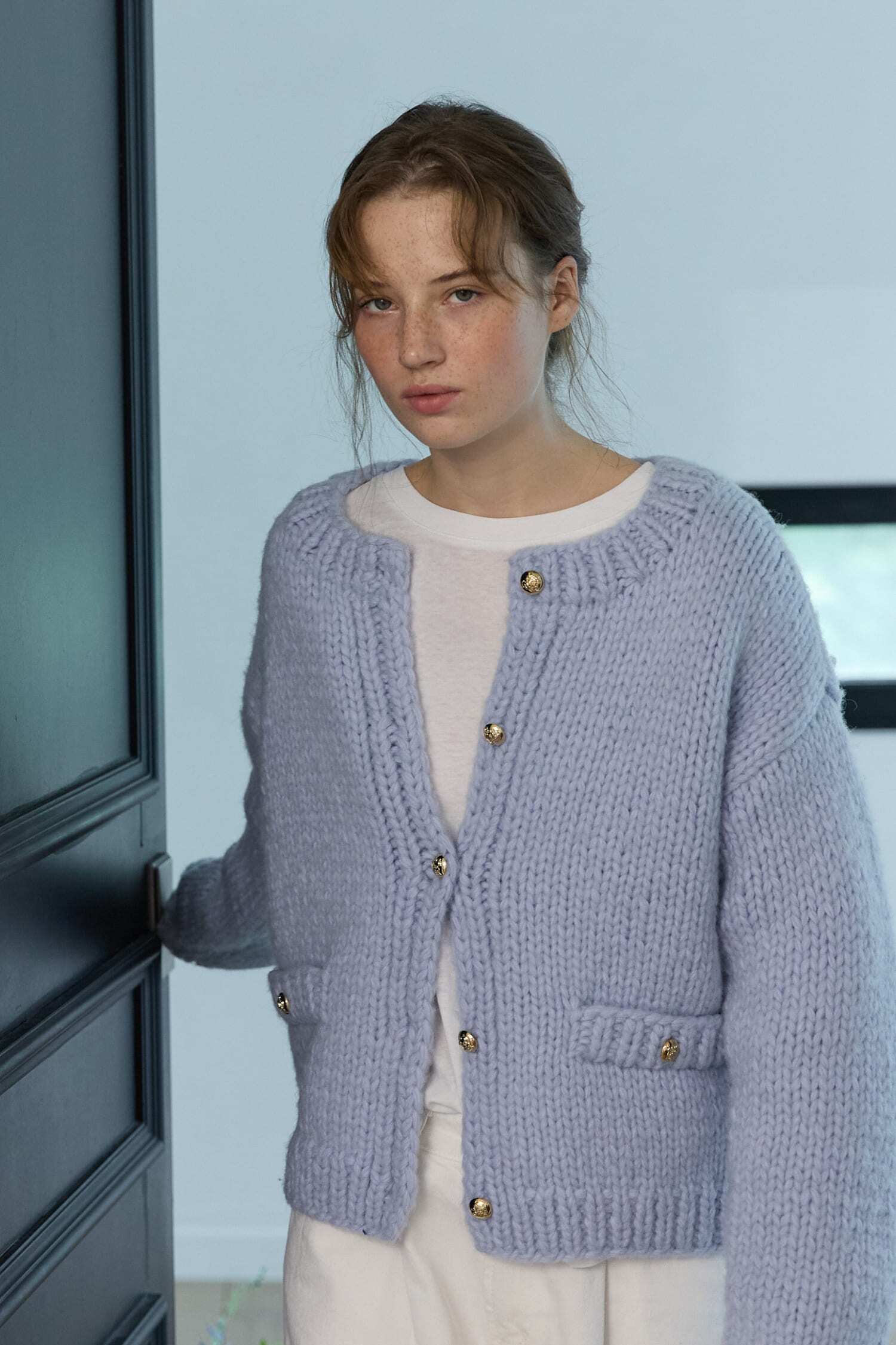 Gold Button Boucle Cardigan Light Blue