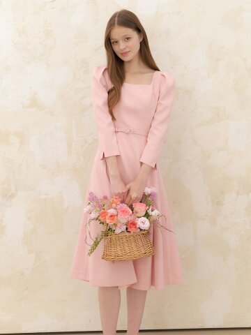 Square-neck Flare Dress(LL) / Pink(5color)