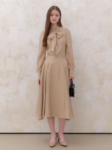 Chiffon Tucked Flare Long-Skirt / Gold Beige(2color)