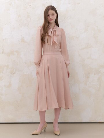Chiffon Tucked Flare Long-Skirt / Pink Beige(2color)