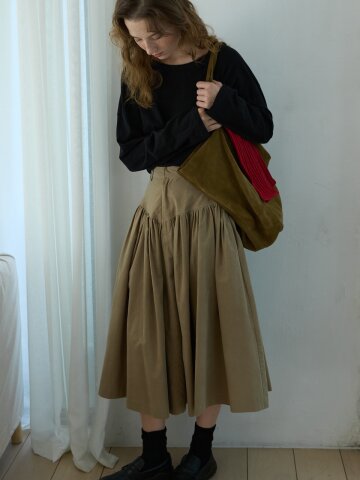 Godet Flare Long Skirt Khaki