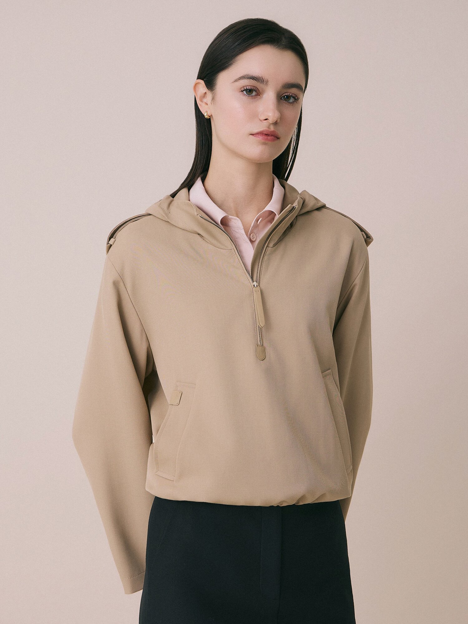 후드 하프 집업 블라우스 (BEIGE)