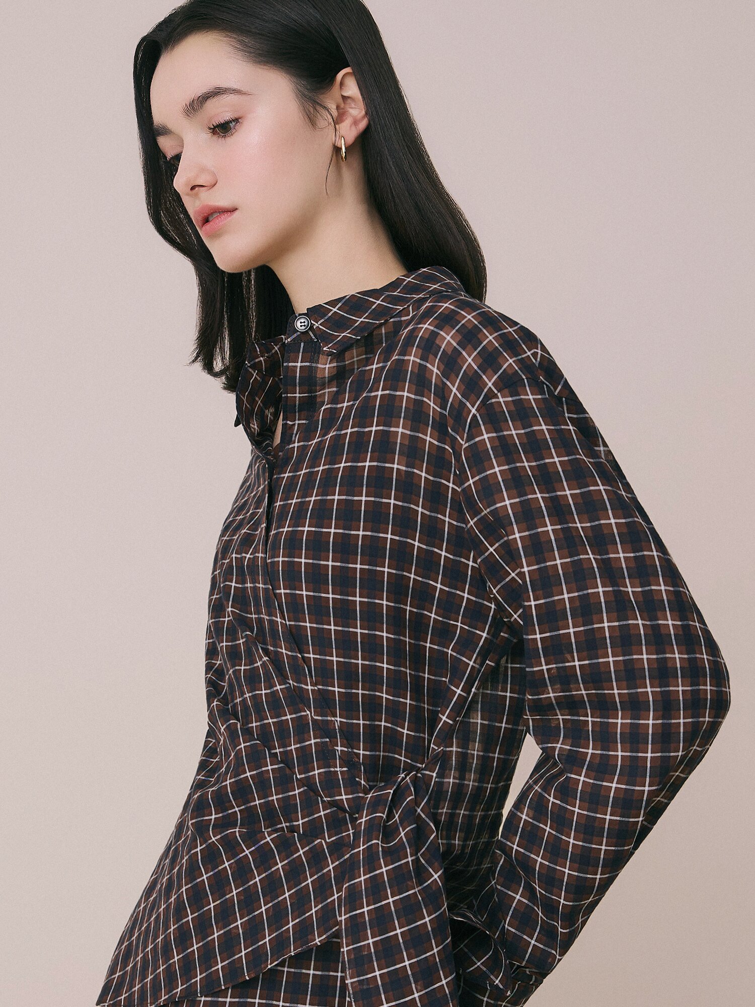 랩 시어 체크 블라우스 (BROWN)