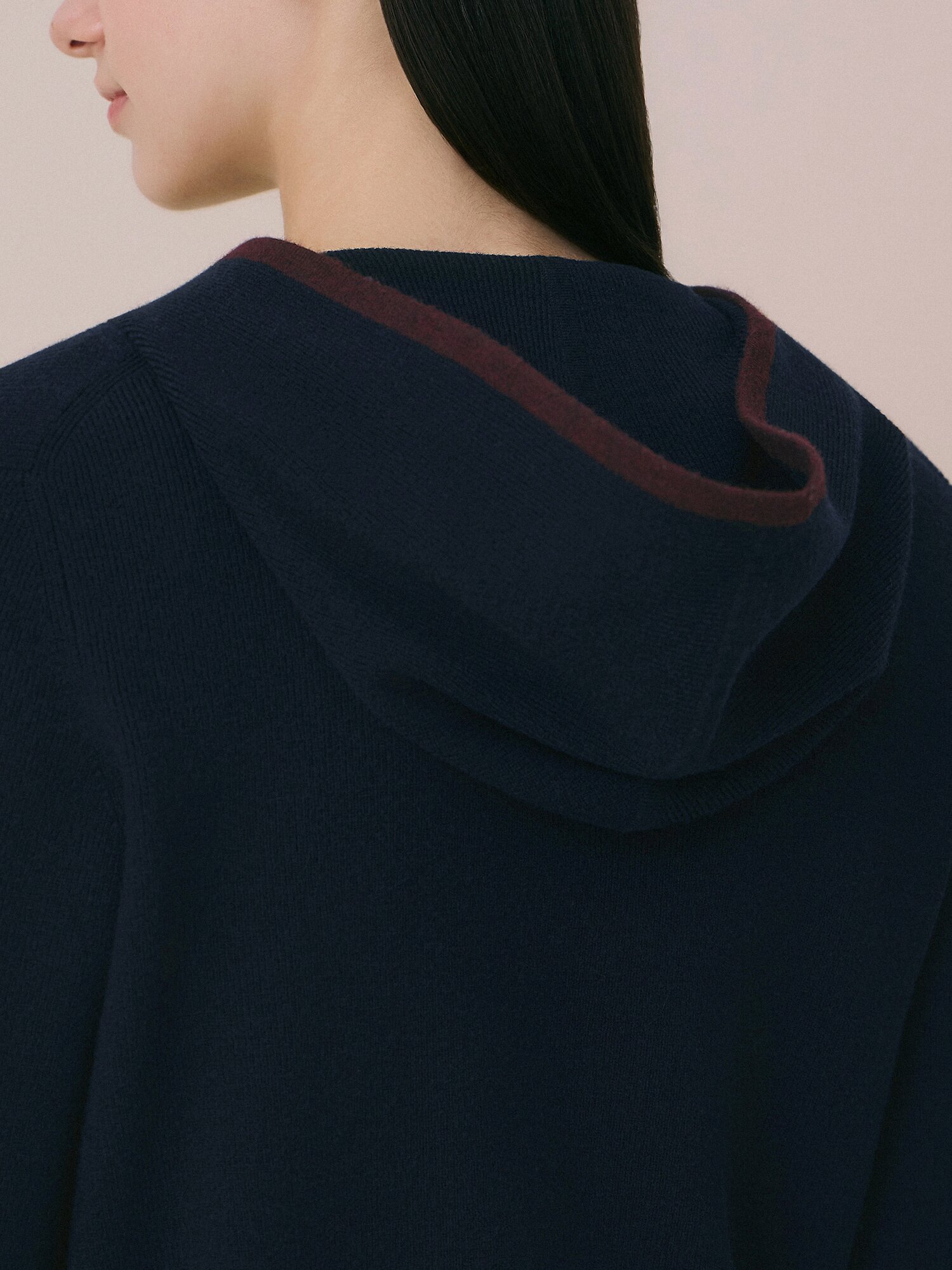 배색 후드 집업 가디건 (NAVY)