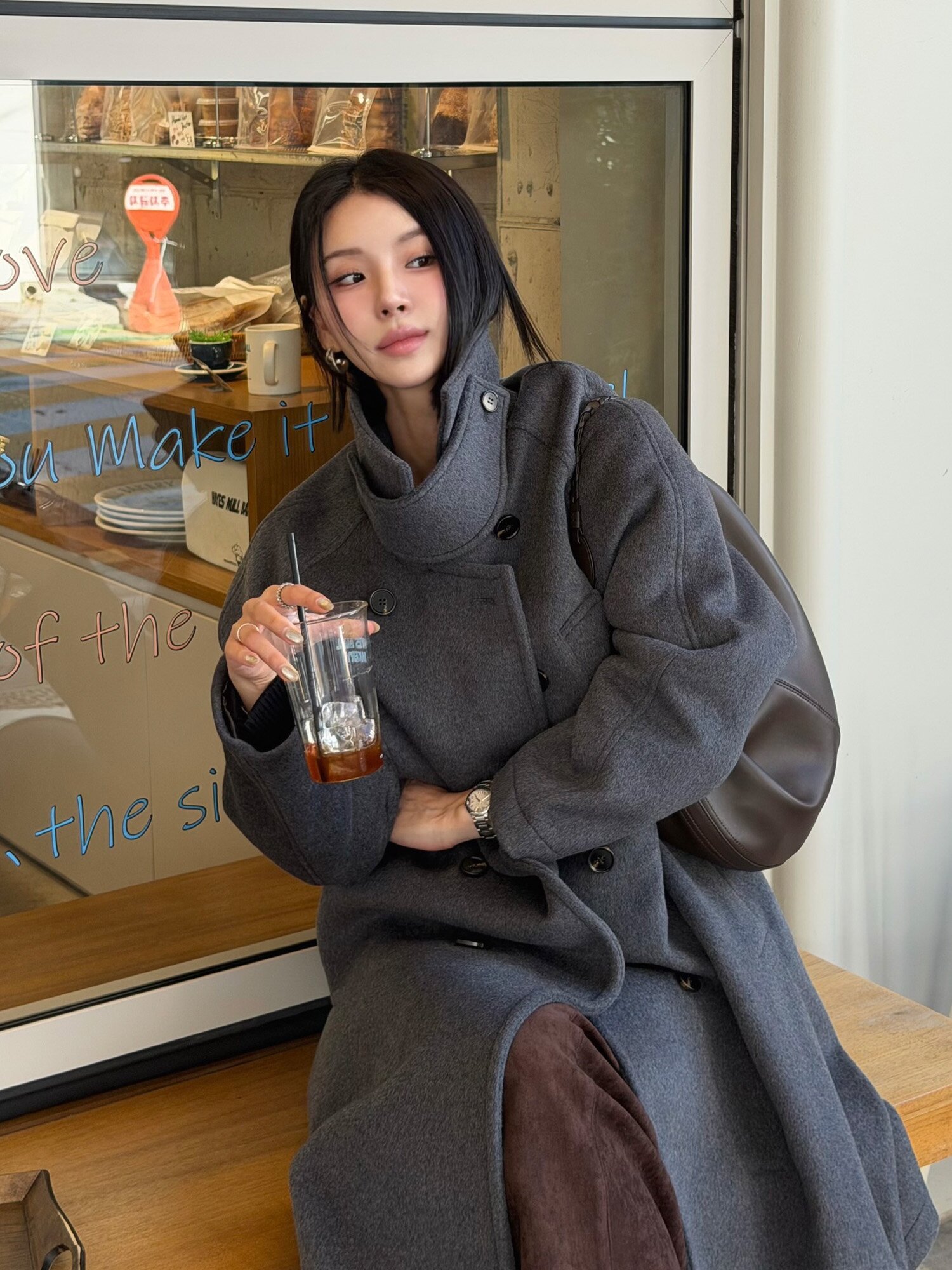 르제로 하이넥 울 더블 코트 / 그레이