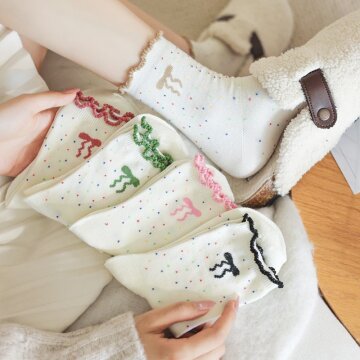 여성 리본 무압박 발목 레이스 중목양말 5켤레