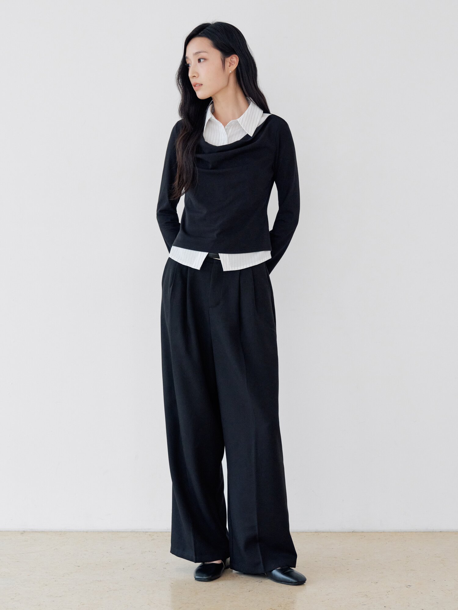 하이 웨이스트 투턱 와이드 팬츠 (BLACK)