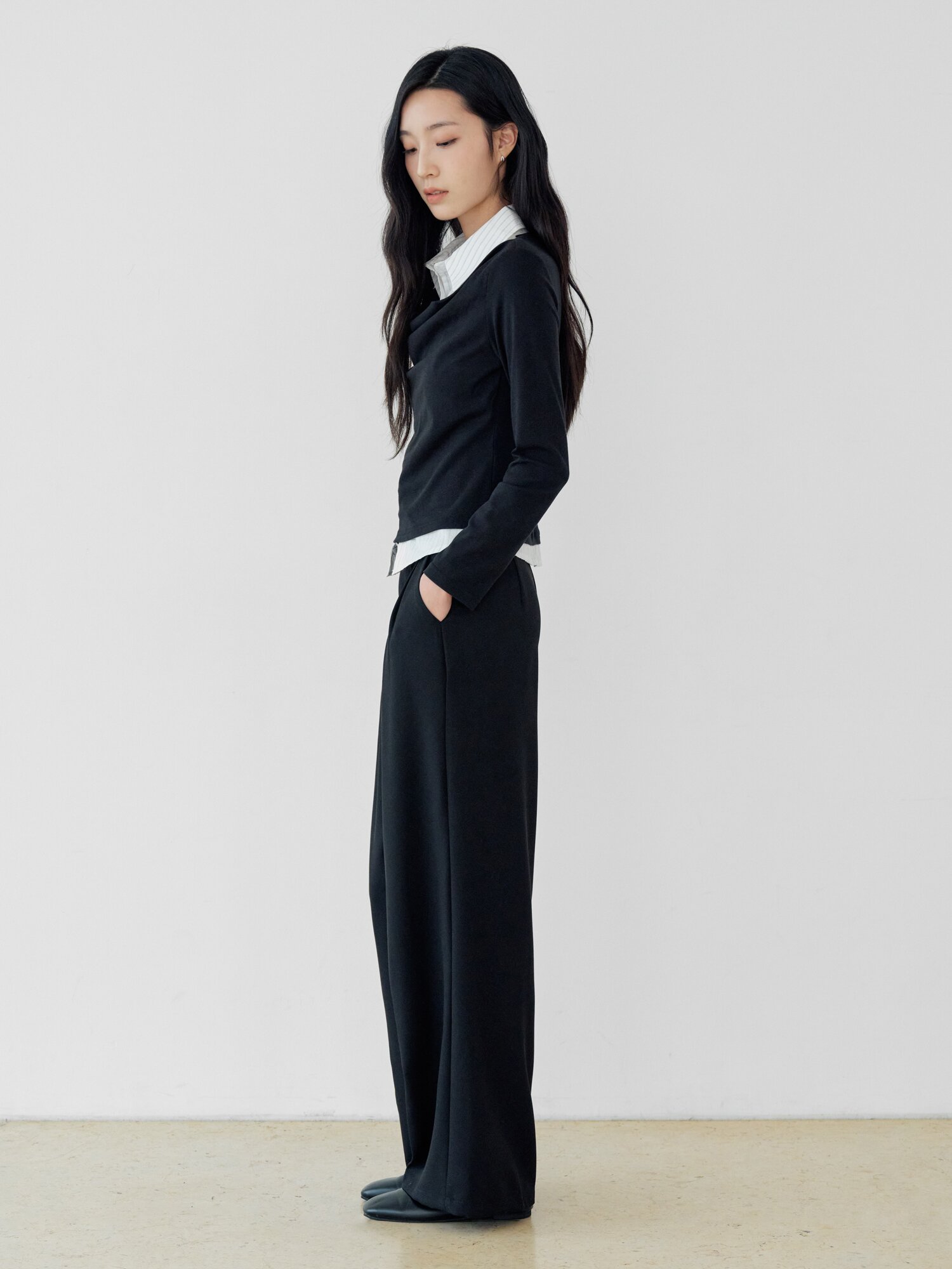 하이 웨이스트 투턱 와이드 팬츠 (BLACK)