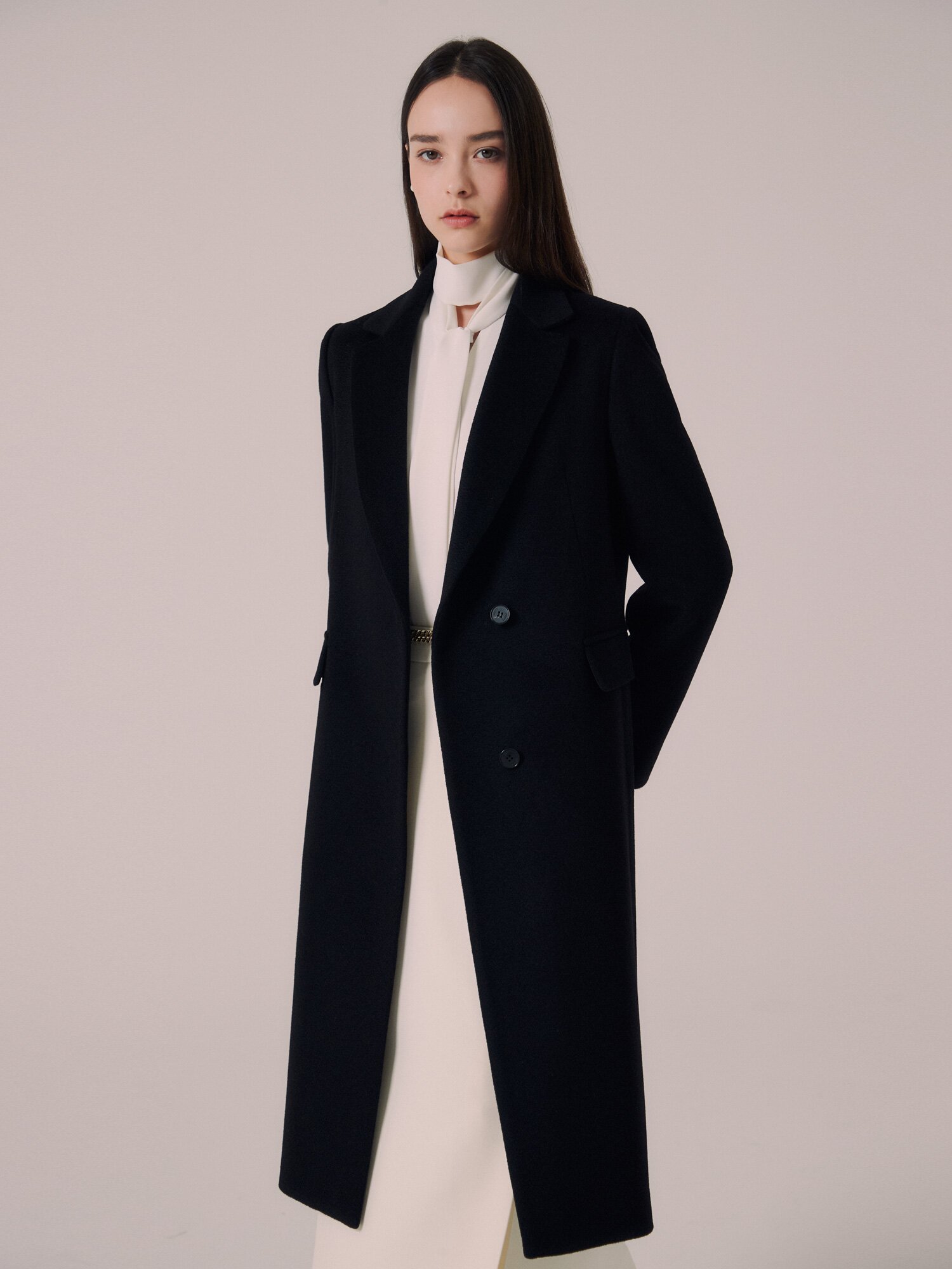 캐시미어 테일러드 히든 롱 코트 (BLACK)