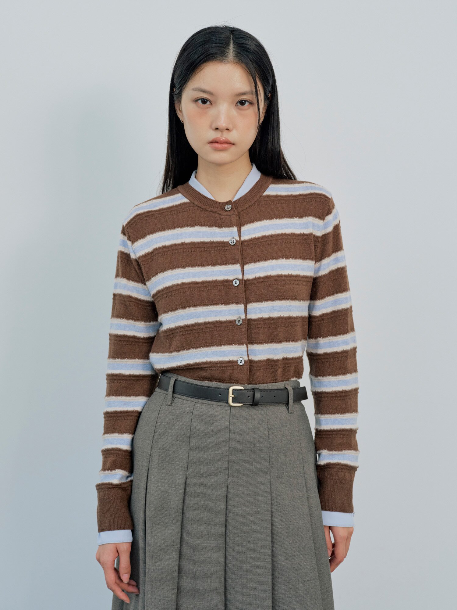 울 스트라이프 라운드넥 가디건 (STRIPE BROWN)