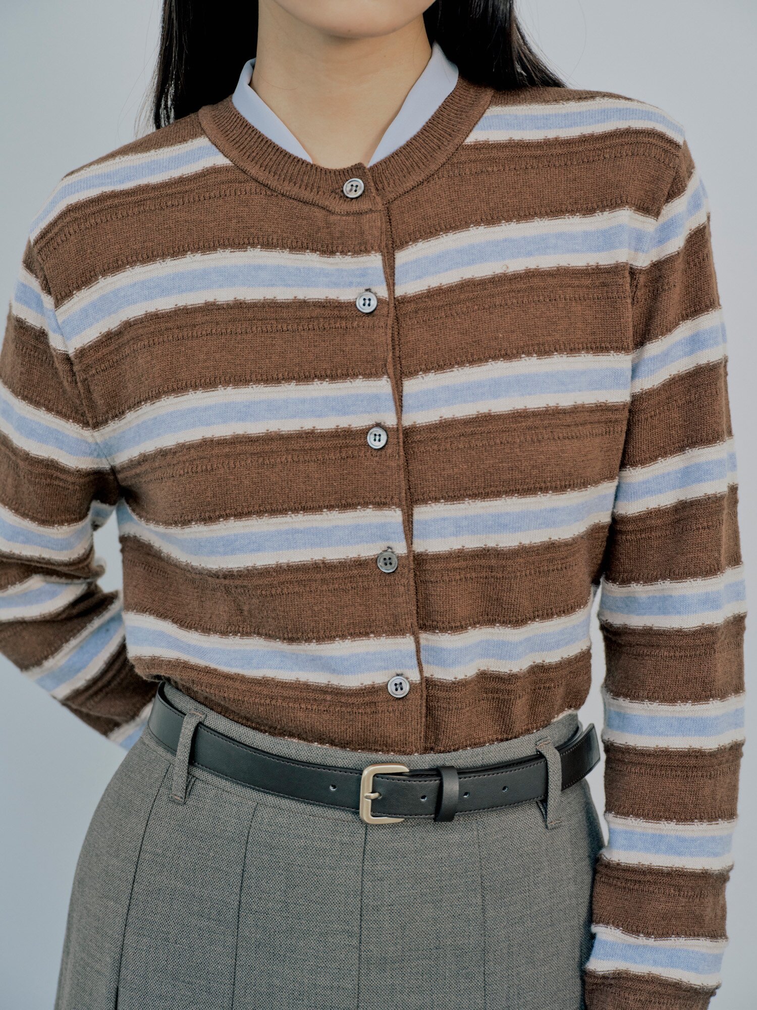 울 스트라이프 라운드넥 가디건 (STRIPE BROWN)
