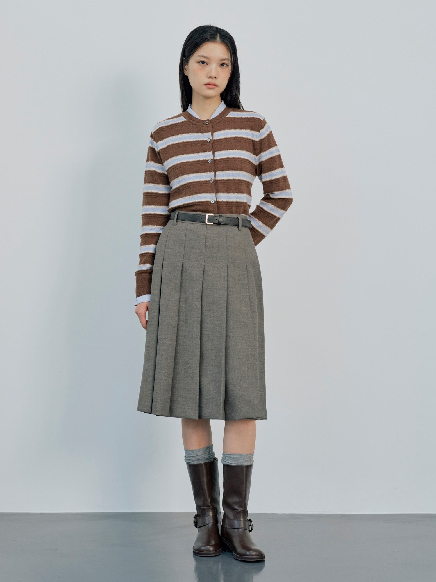 울 스트라이프 라운드넥 가디건 (STRIPE BROWN)