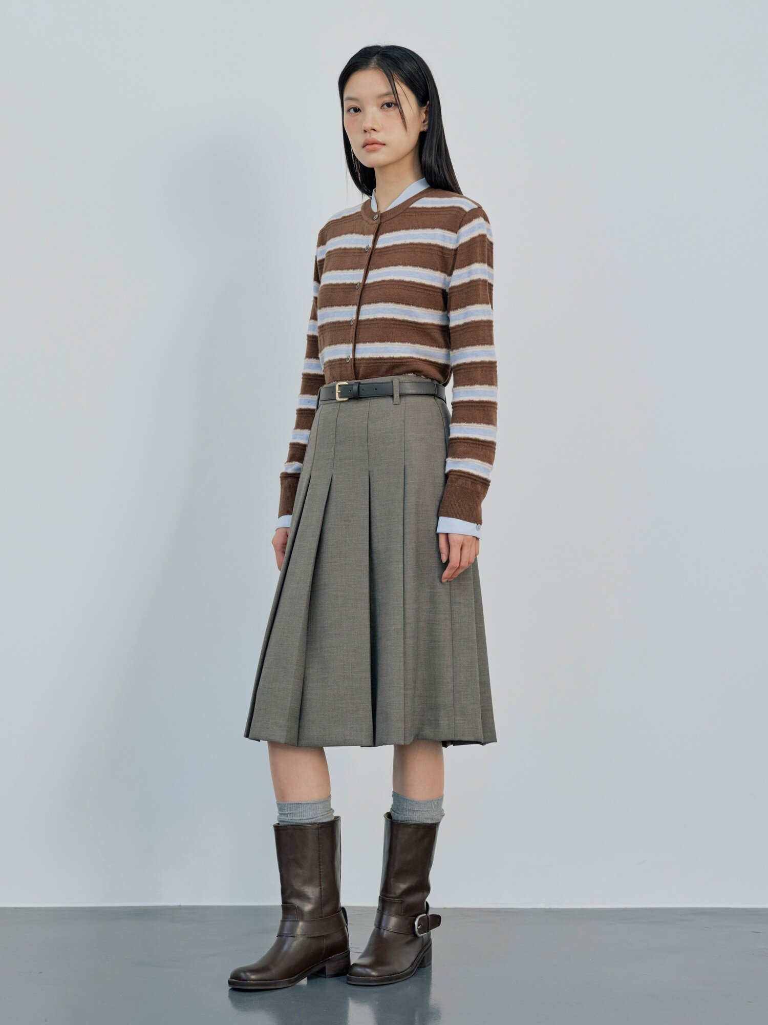 울 스트라이프 라운드넥 가디건 (STRIPE BROWN)