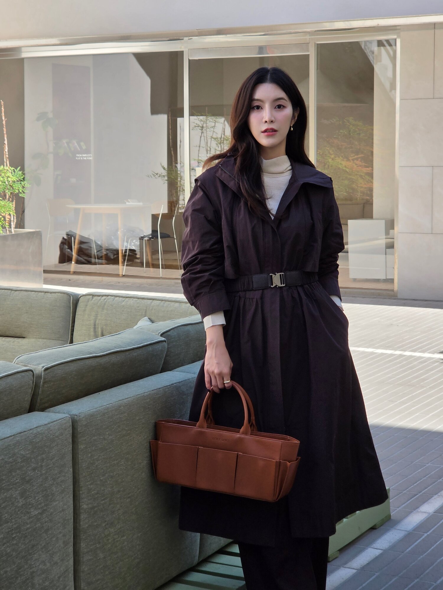 레이어 후드 집업 롱 트렌치 코트 (BROWN)