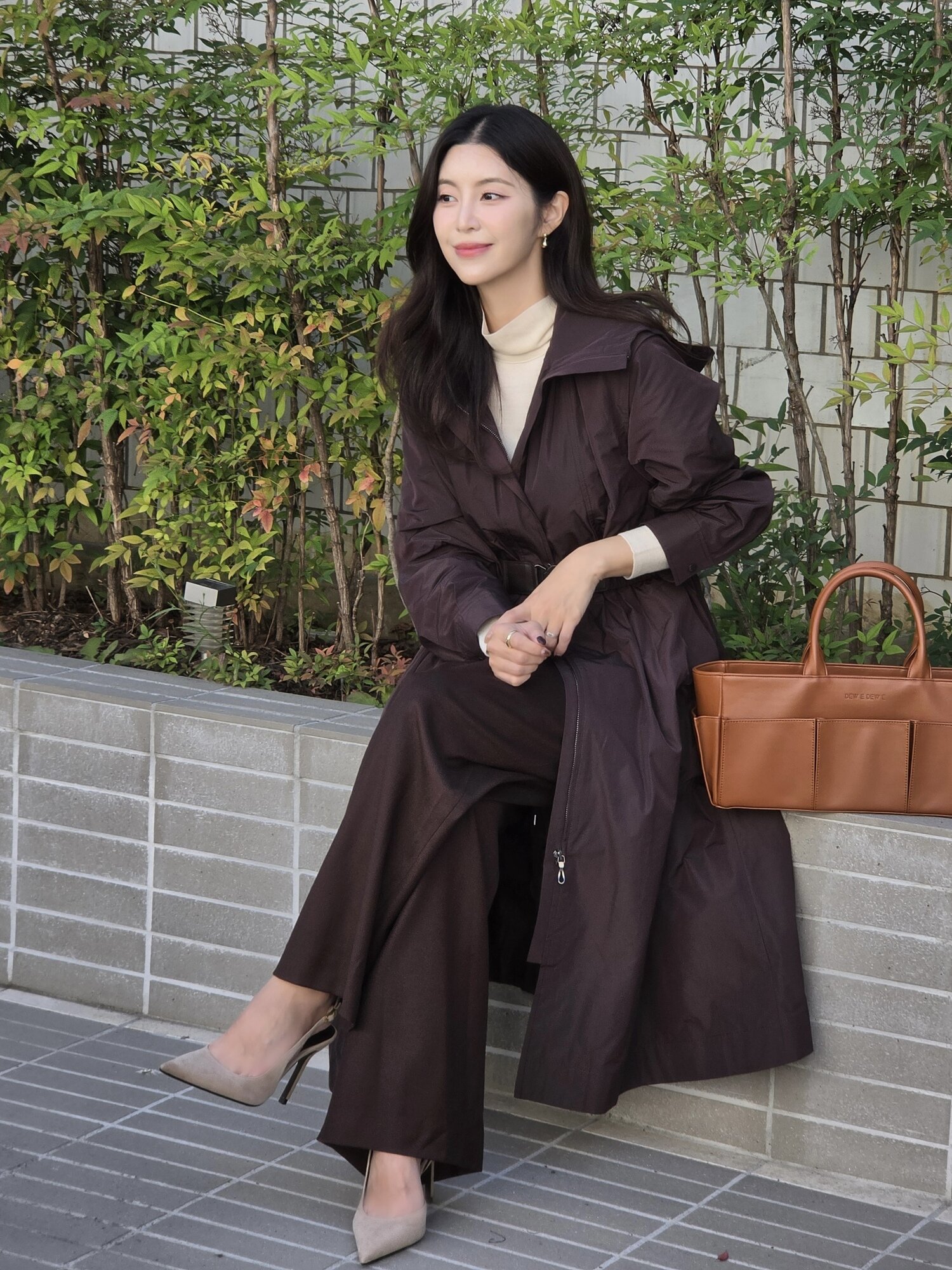 레이어 후드 집업 롱 트렌치 코트 (BROWN)