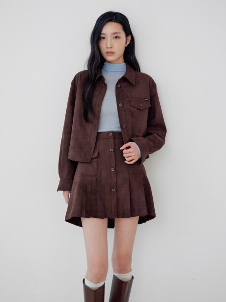 스웨이드 포켓 플리츠 미니 스커트 