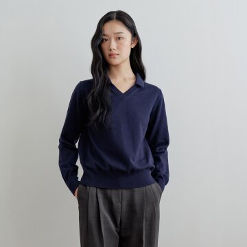 [26FW] Open Collar V-Neck Knit_Navy