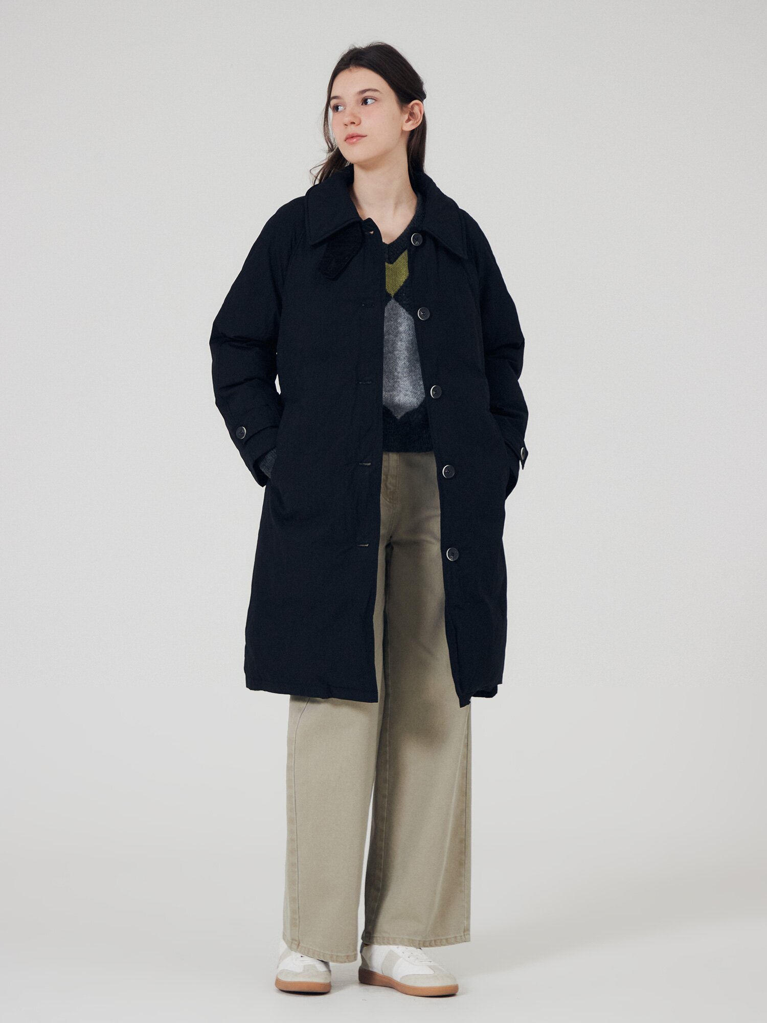 싱글 칼라 덕 다운 벨티드 롱 점퍼 (BLACK)