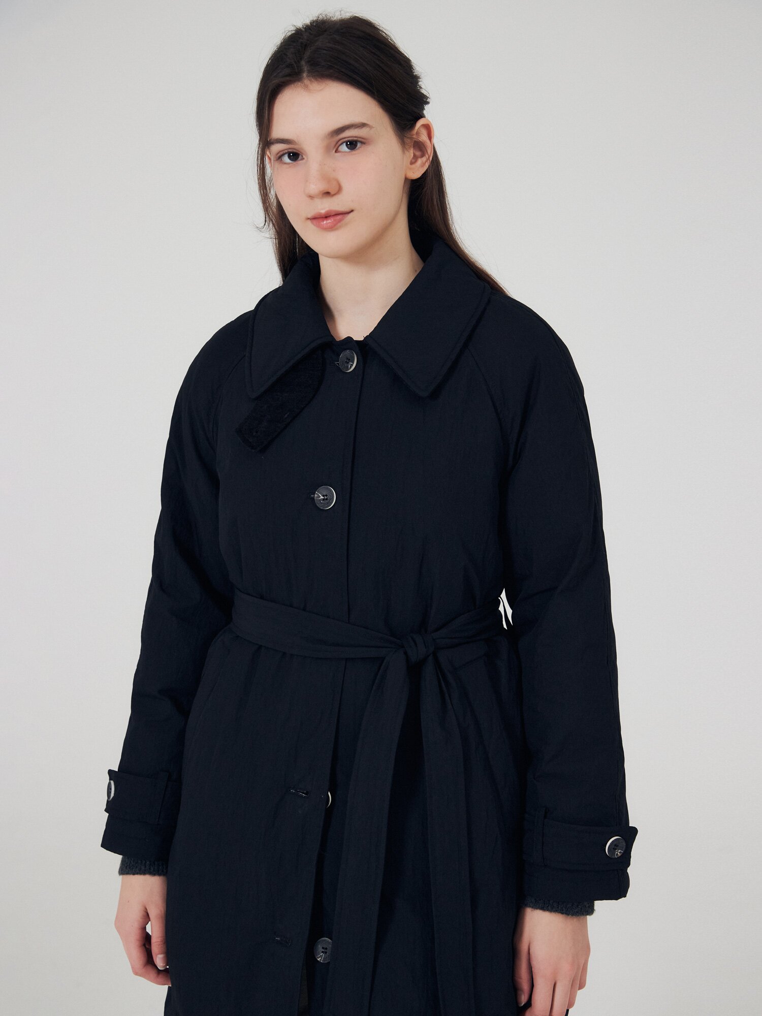 싱글 칼라 덕 다운 벨티드 롱 점퍼 (BLACK)