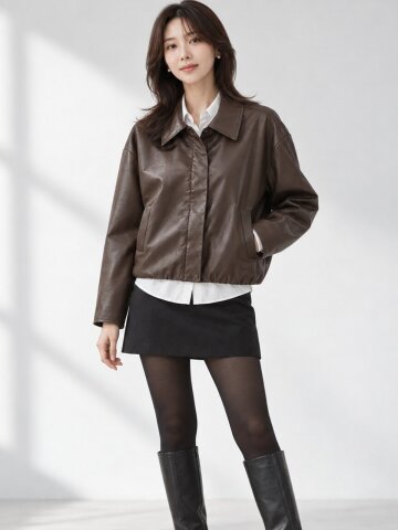 모던 페이크 레더 카라 블루종
