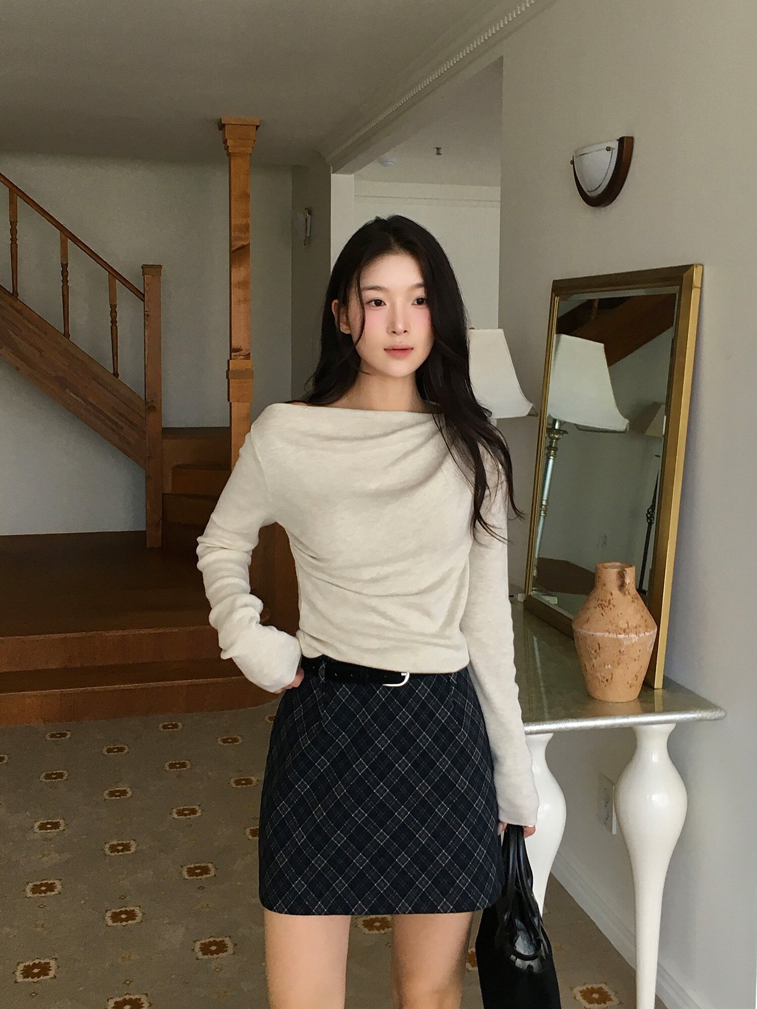 벨티드 체크 미니 스커트 (CHECK NAVY)