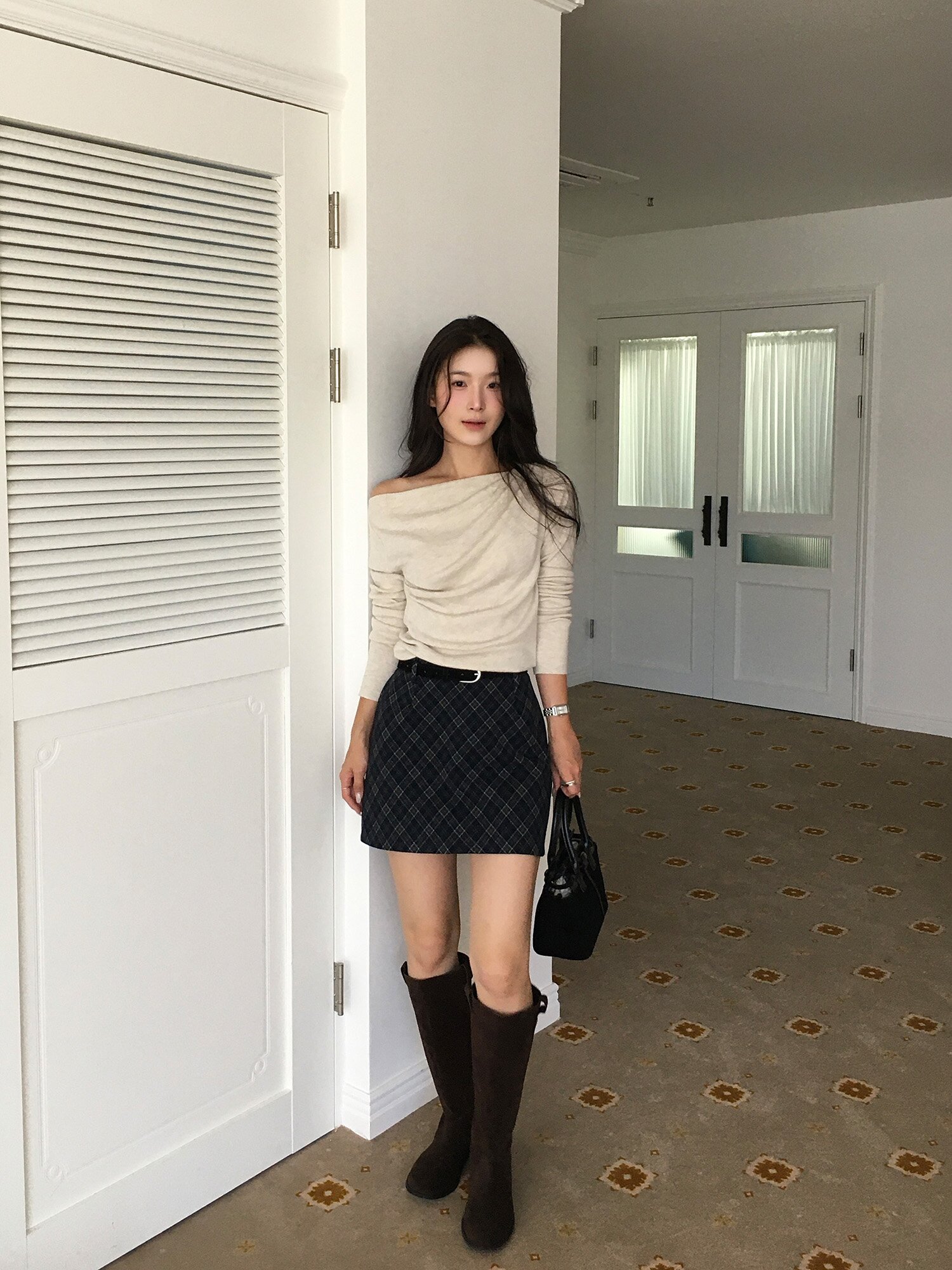 벨티드 체크 미니 스커트 (CHECK NAVY)