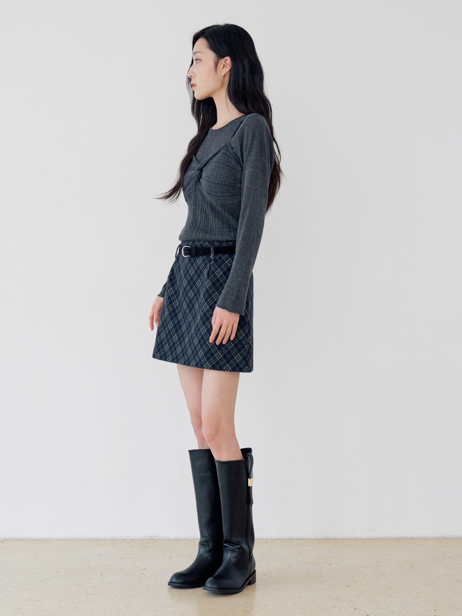 벨티드 체크 미니 스커트 (CHECK NAVY)