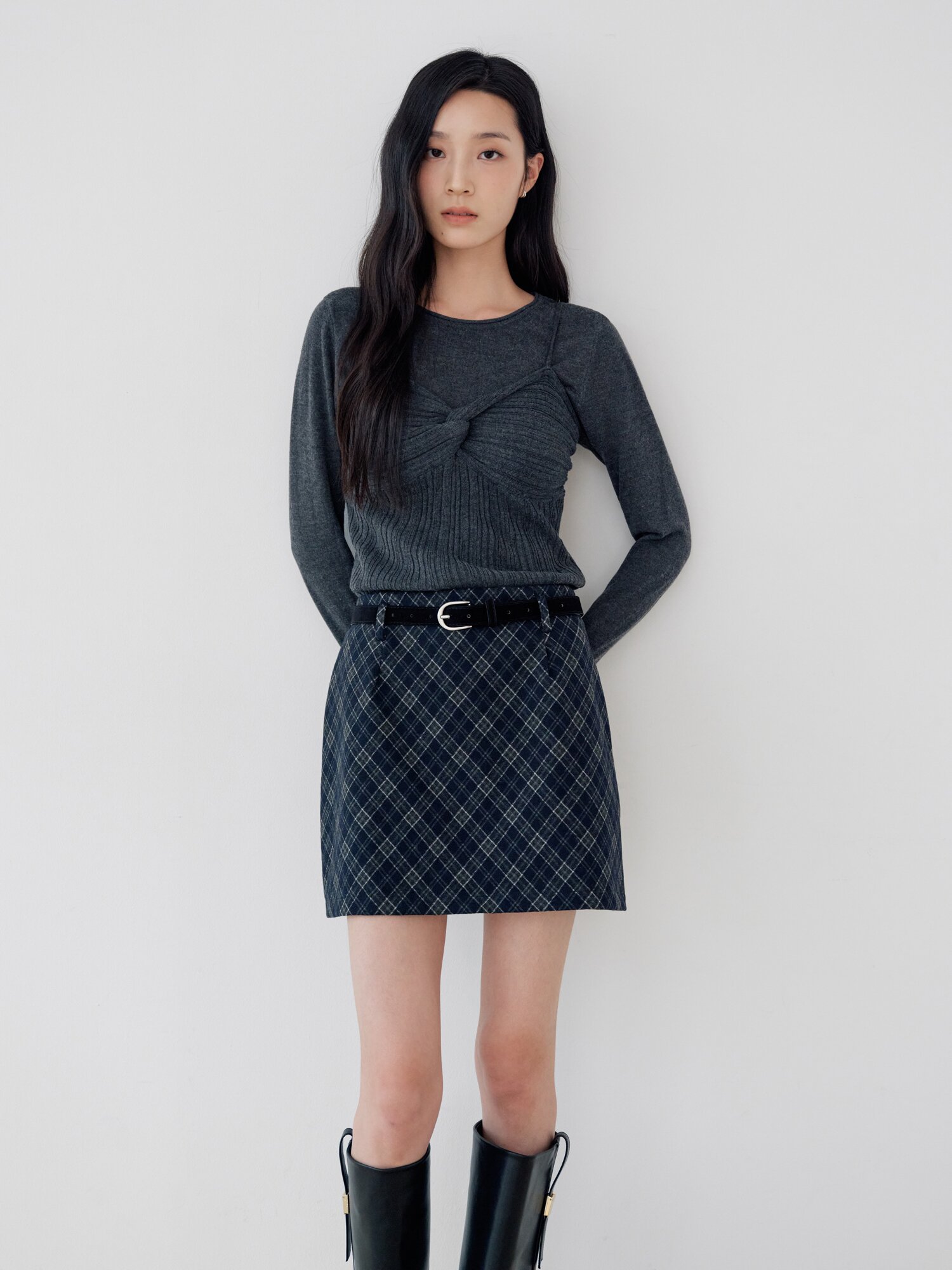 벨티드 체크 미니 스커트 (CHECK NAVY)
