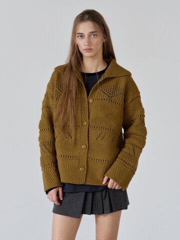 울블렌드 오버핏 펀칭 가디건 OLIVE KHAKI