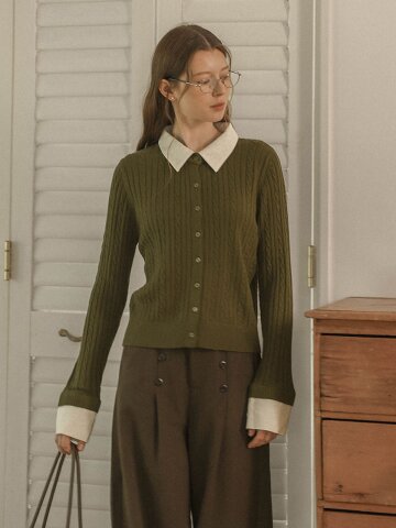 PM_Contrast collar ribbed cardigan