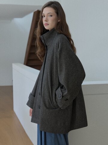 Herringbone Half Coat - BROWN