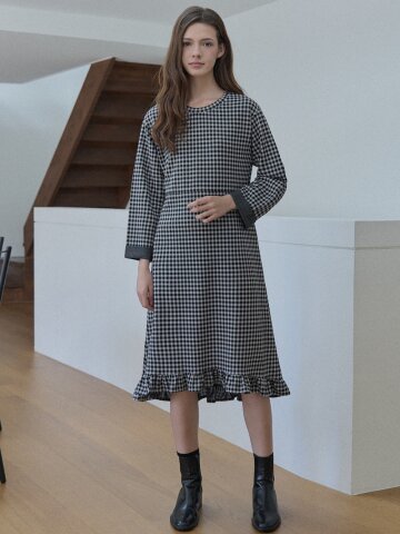 Check Round Neck Frill Dress - BLACK