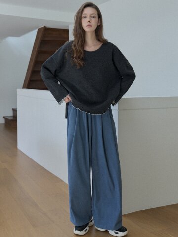 Corduroy Banding Wide Pants - BLUE
