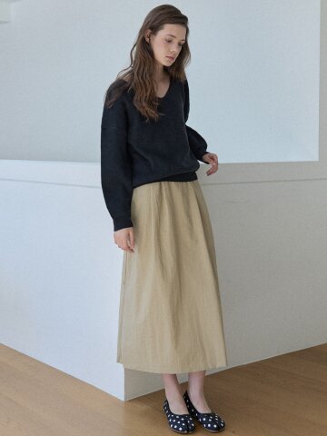 Waistband Volume Maxi Skirt -BEIGE 