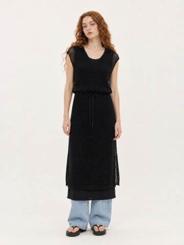 Hooded Mesh Overlay Dress Set (Black)