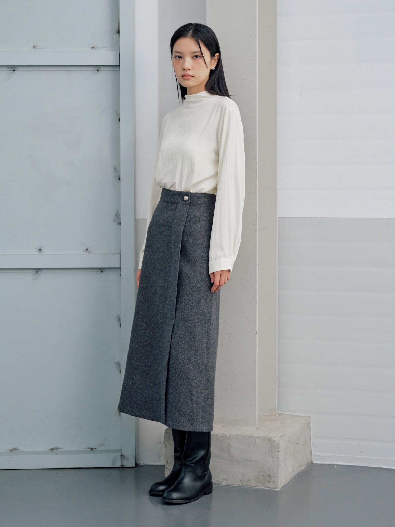언밸런스 슬릿 H라인 스커트 (GREY)