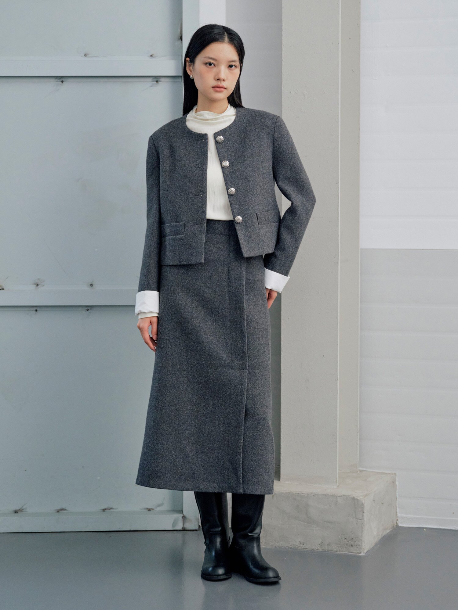 언밸런스 슬릿 H라인 스커트 (GREY)