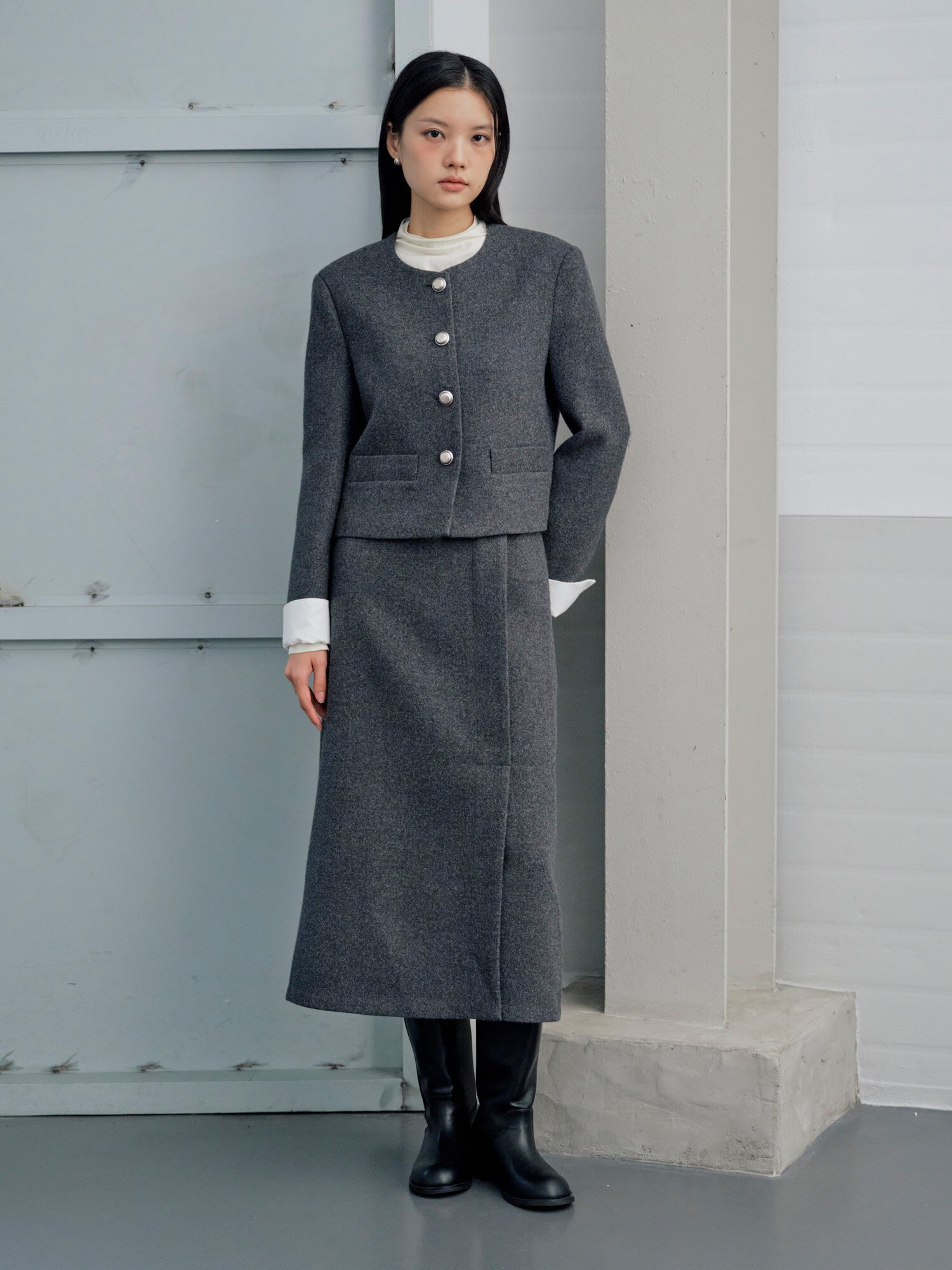 언밸런스 슬릿 H라인 스커트 (GREY)