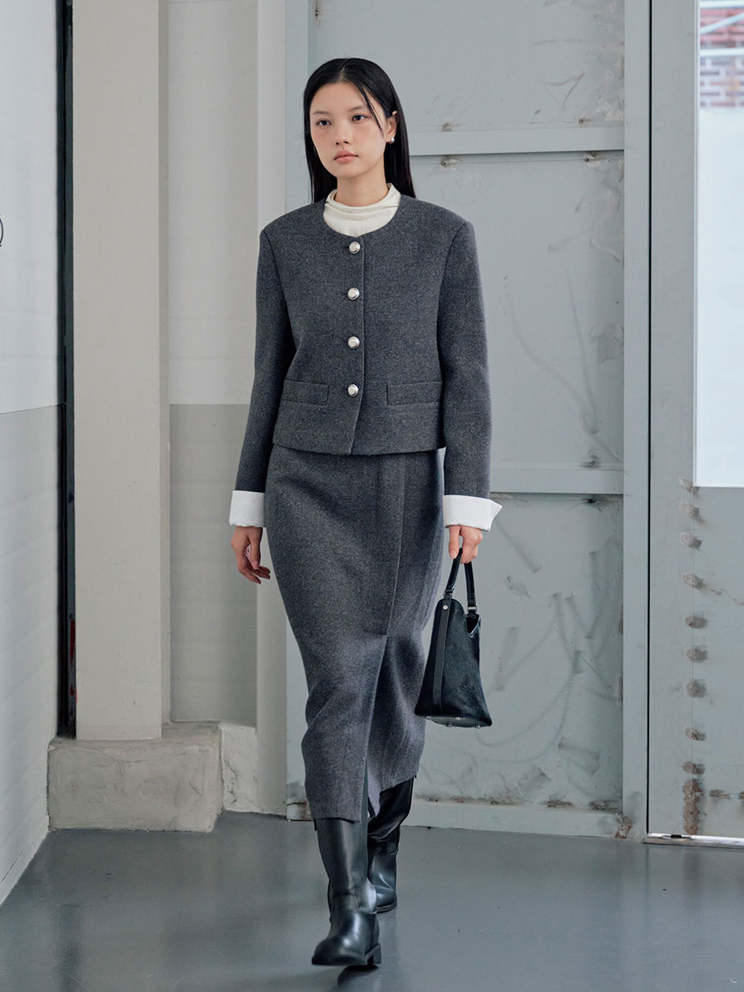 언밸런스 슬릿 H라인 스커트 (GREY)