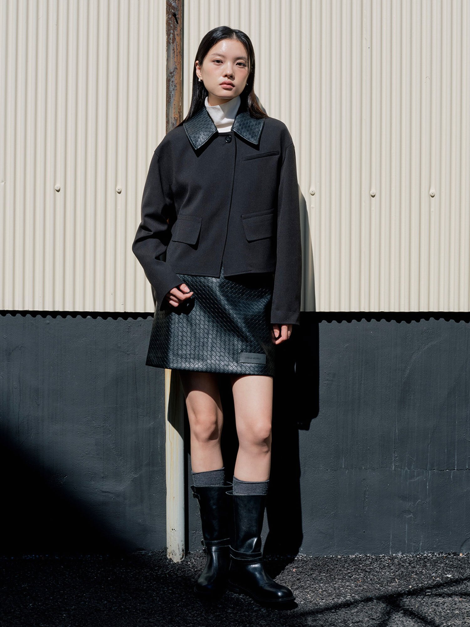 레더 A라인 미니 스커트 (BLACK)