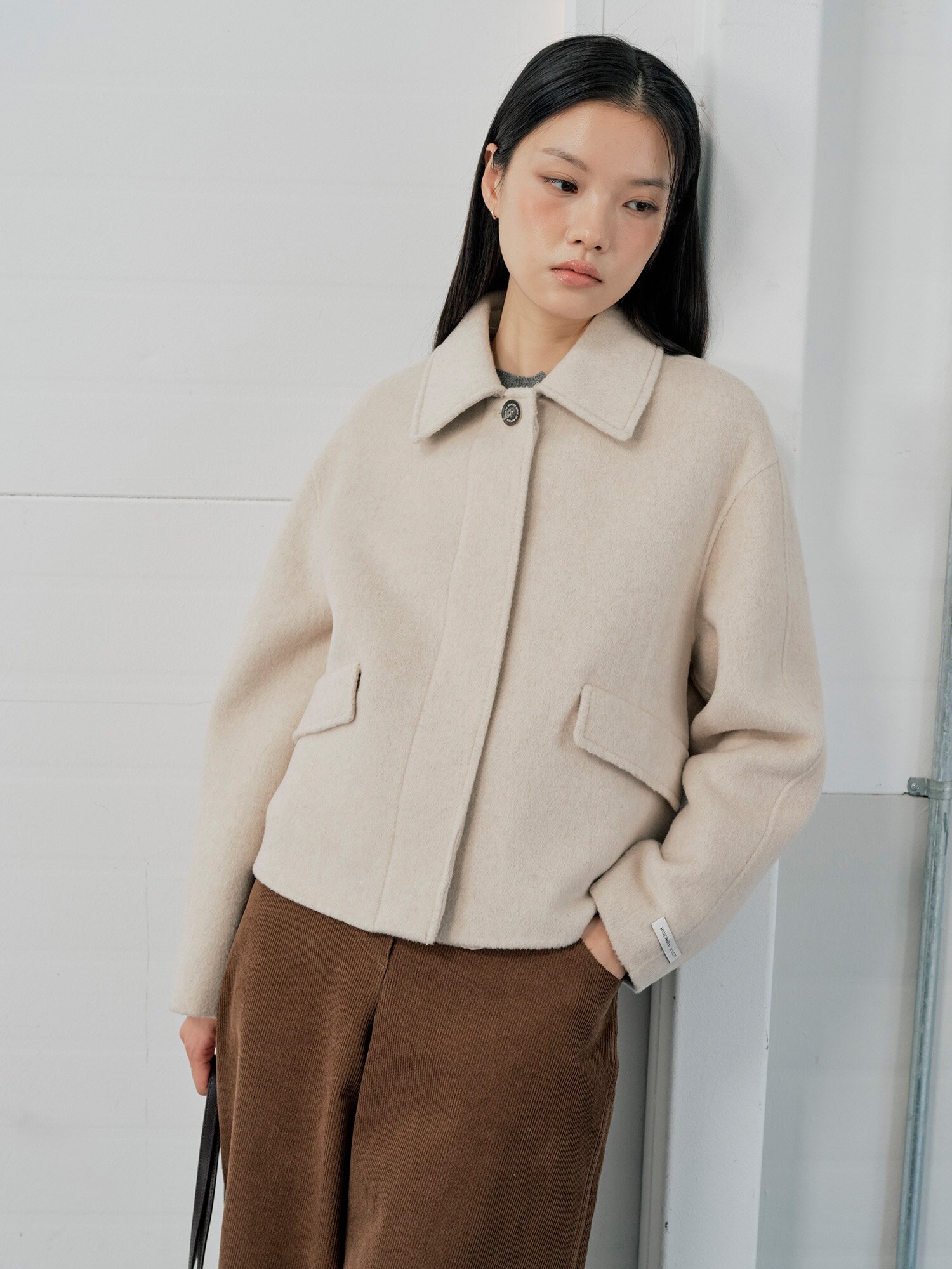 울 싱글 칼라 크롭 핸드메이드 코트 (LIGHT BEIGE)