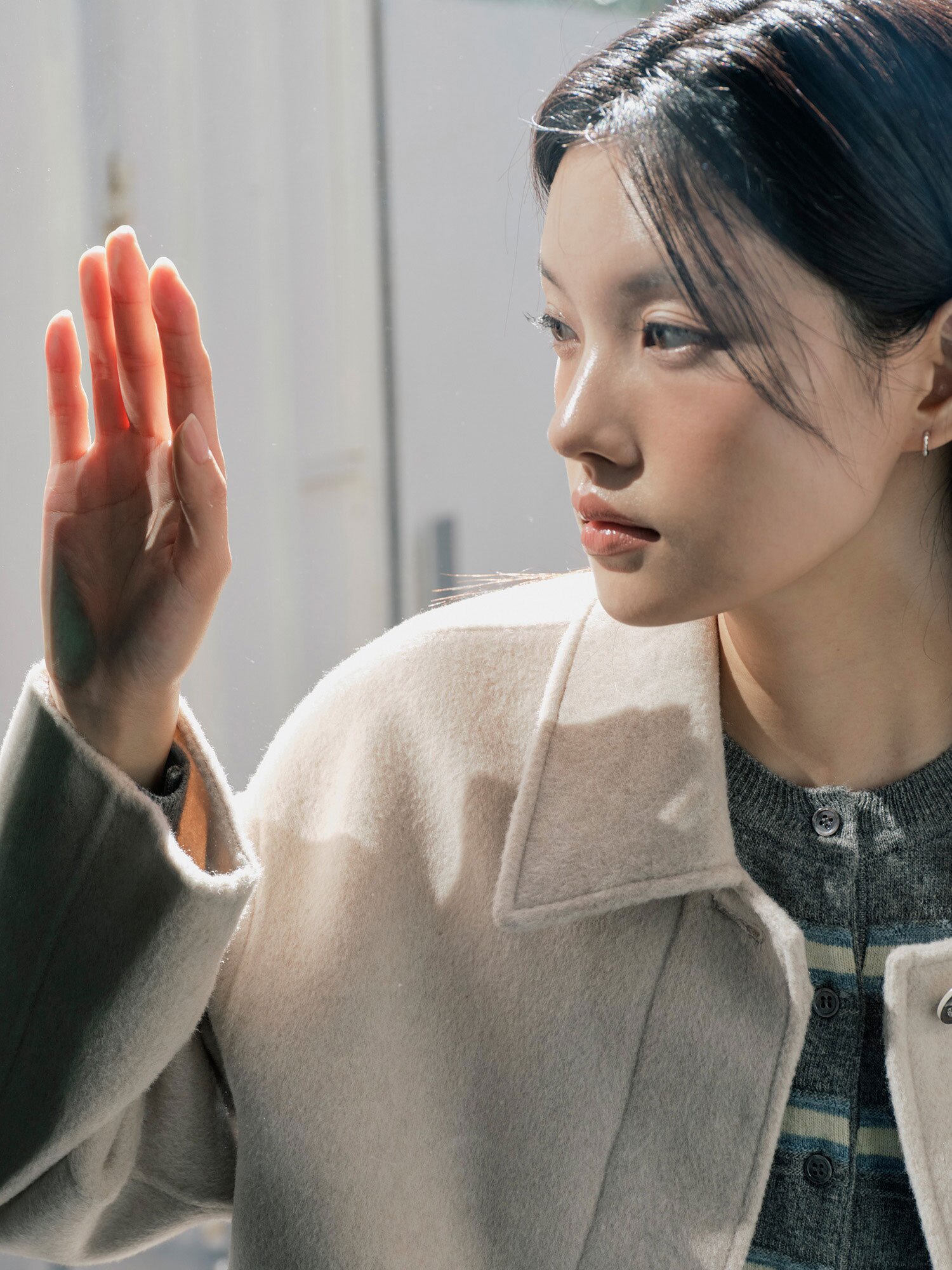 울 싱글 칼라 크롭 핸드메이드 코트 (LIGHT BEIGE)