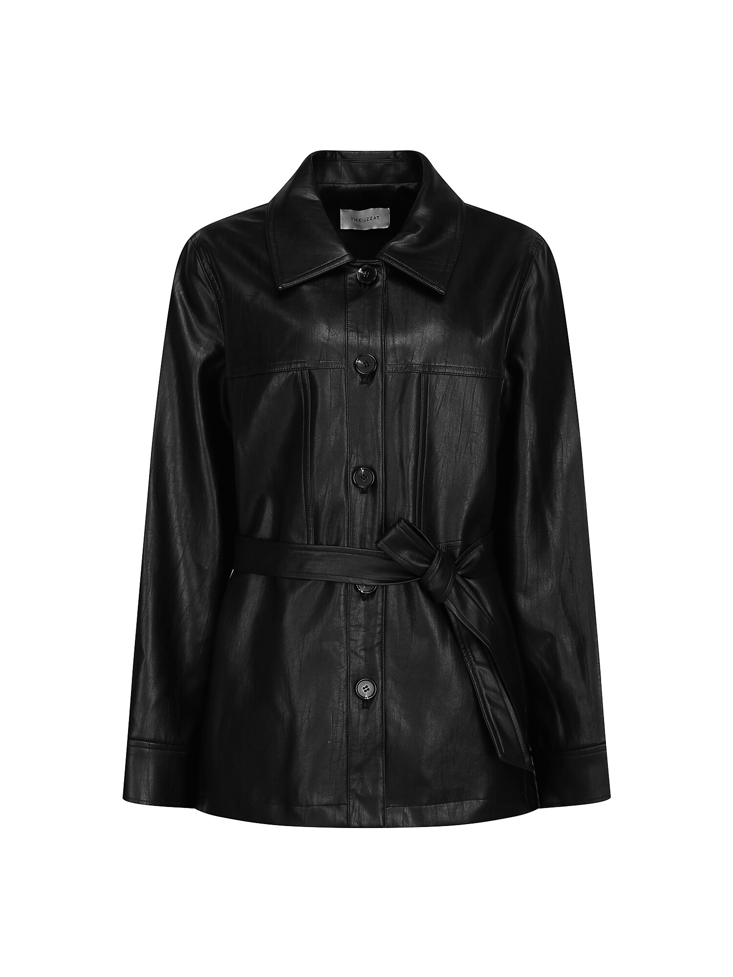 벨티드 페이크 레더 셔츠 재킷 (BLACK)