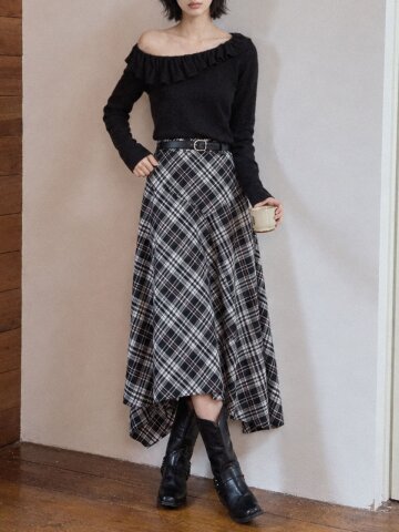 LS_Black plaid midi skirt