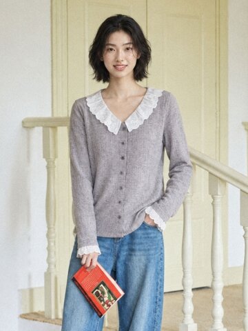 LS_Lace collar gray blouse top