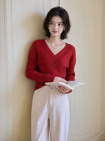 LS_Cross v-neck knit_RED