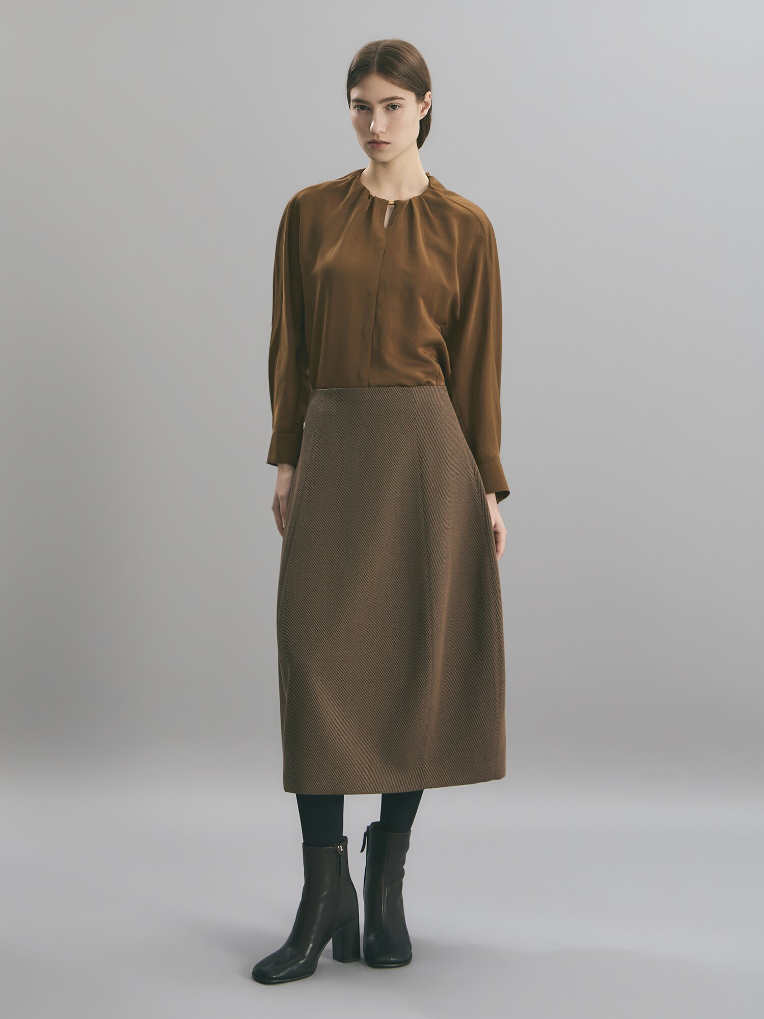 트윌 벌룬 롱 스커트 (BROWN)