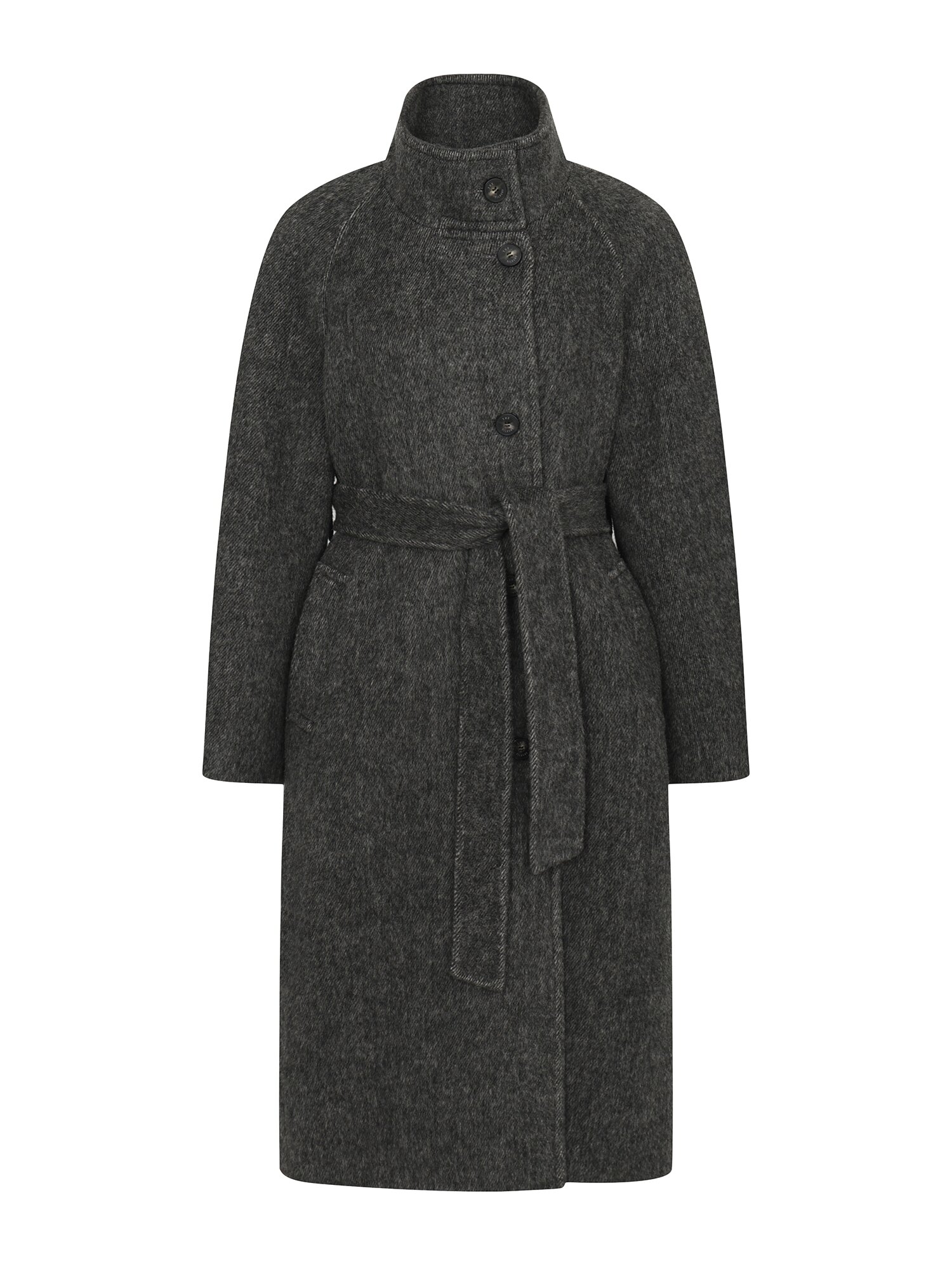 울 알파카 하이넥 벨티드 롱 코트 (DARK GREY)