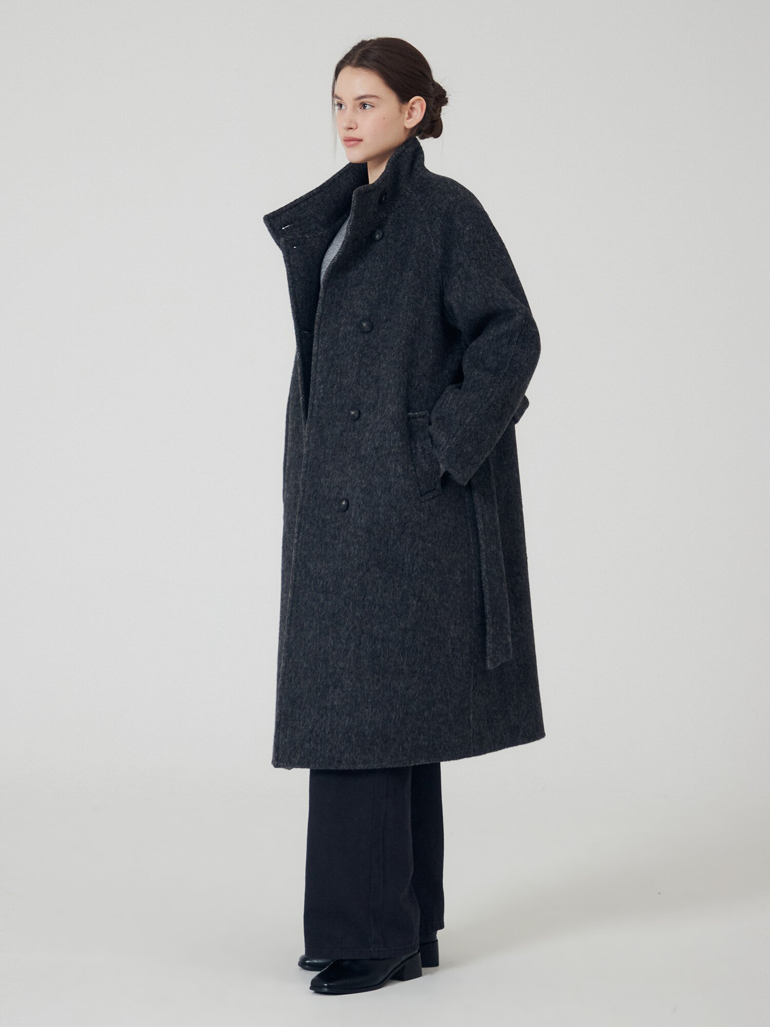 울 알파카 하이넥 벨티드 롱 코트 (DARK GREY)